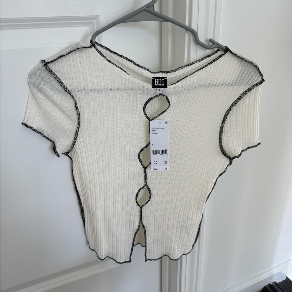BDG White Ribbed Short Sleeve Top with Black Contrast Trim and Front Cutouts